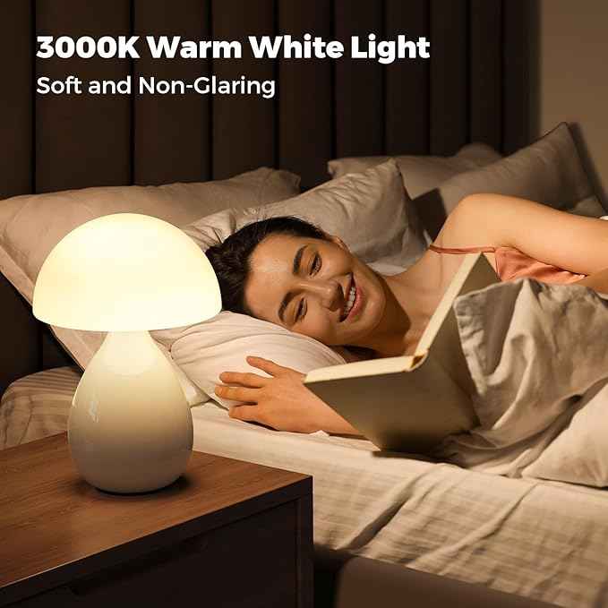 Mushroom Lamp, Vintage Small Table Lamp for Bedroom, Ice Crack Ceramic LED Night Light for Kids, Mid Century Modern Bedside Lamp for Nightstand, Living Room, Home Decor Gift Ideas for Women, Ivory