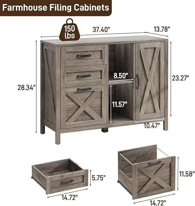 Vabches Lateral File Cabinet, Farmhouse 3 Drawer File Cabinet with Open Storage Shelf for Letter/Legal/A4 Size Hanging Files, Large Wood Storage Cabinets Printer Stand for Home Office, Grey
