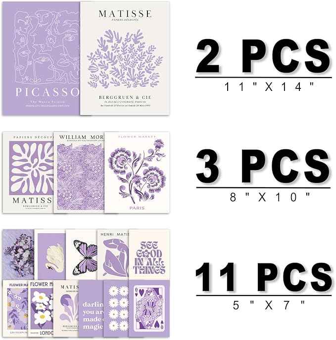16 PCS Purple Wall Art Decor, Matisse Gallery Wall Prints for Bedroom, Light Purple Posters for Room Aesthetic, Collage Kit Pictures for Living Room, Teen Girls Lavender Dorm Home Artwork