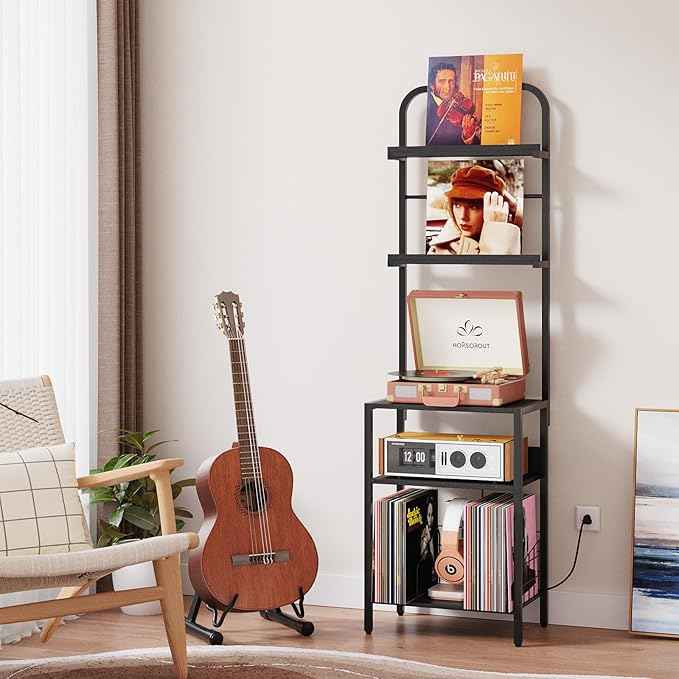 Record Player Stand with Vinyl Storage - 5-Tier Turntable Table with Power Outlet, Adjustable Feet, Metal & Wood Cabinet - Console Organizer Display Shelf for Living Room, Apartment