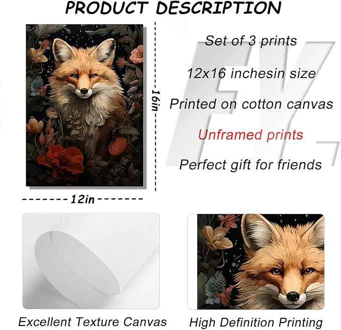 Magical Forest Animal Canvas Wall Art Flowers And Wild Animals Prints Wall Decor Dark Cottagecore Posters Gothic Vintage Botanical Floral Painting Picture Nature Room Decor Bedroom Decoration Unframed