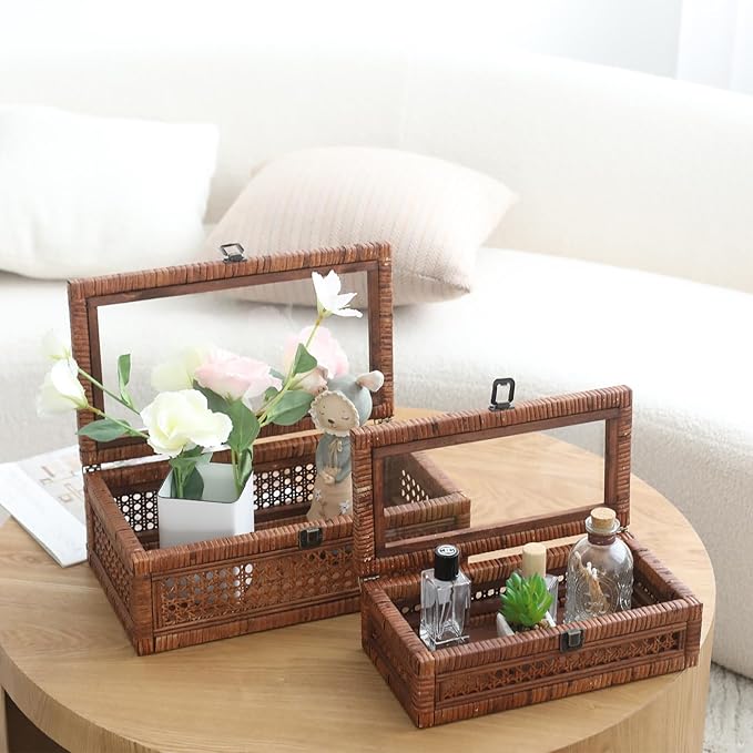 Rattan and Cane Stacking Boxes with Glass Top Lid - Set of 2 11.8" and 14.1", for Boho and Rustic Farmhouse Decor, Brown