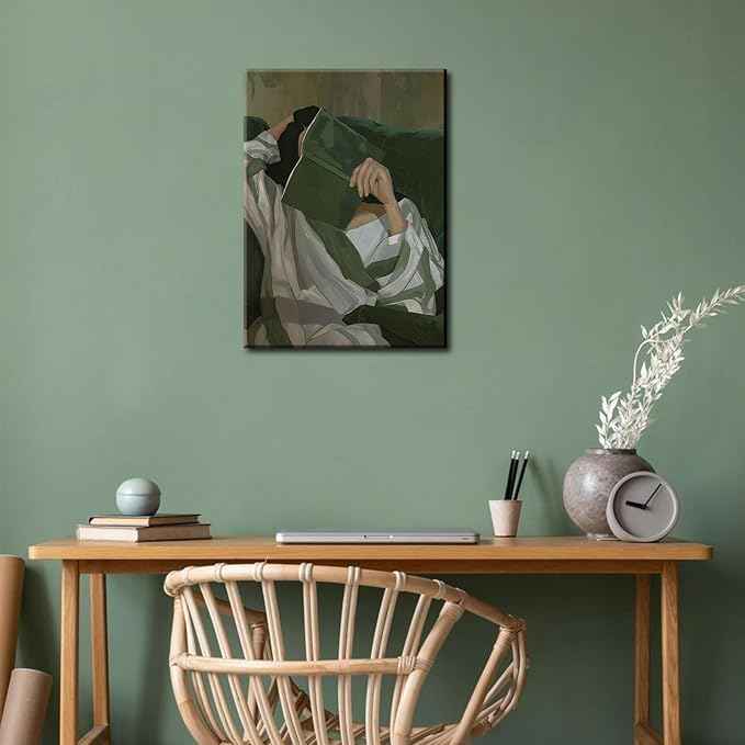 Emerald Green Reading Woman Canvas Wall Art Abstract Cozy People Wall Decor Pictures Minimalist Green Feminine Aesthetic Poster Print for Bedroom Living Room Home Decoration 12x16in
