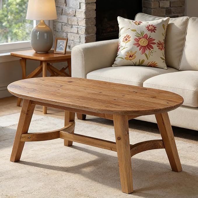 LITTLE TREE Oval Coffee Table, 47" Real Wood Living Room Table, Natural Pine Solid Wood Coffee Table, Modern Center Accent Furniture, Child-Friendly,Rustic Brown