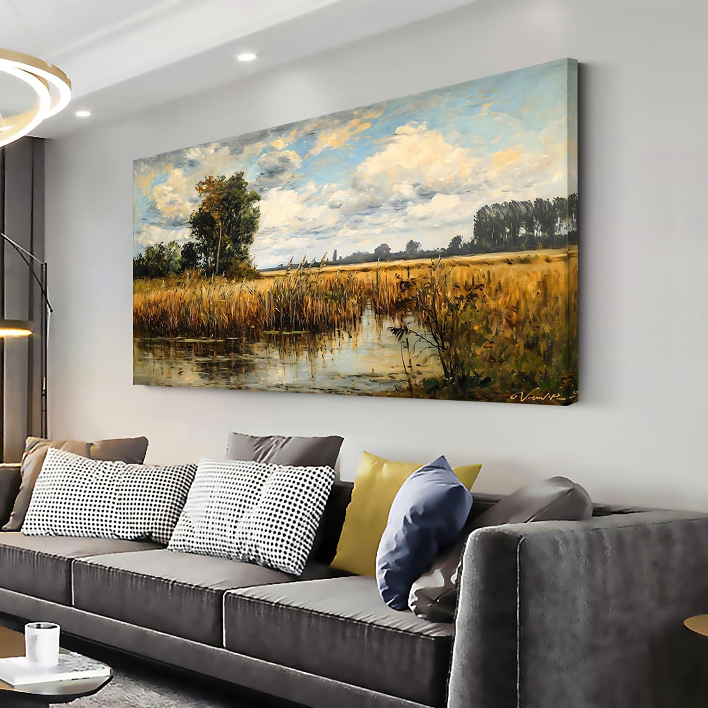 LASMOND Beautiful Wilderness Meadow Canvas Wall Art Oil Painting Reproduction Print Vintage Wildflower Field Scenery Countryside Landscape Tree Rustic Retro Decor Artwork for Country Farmhouse Bedroom 20x40 Inches