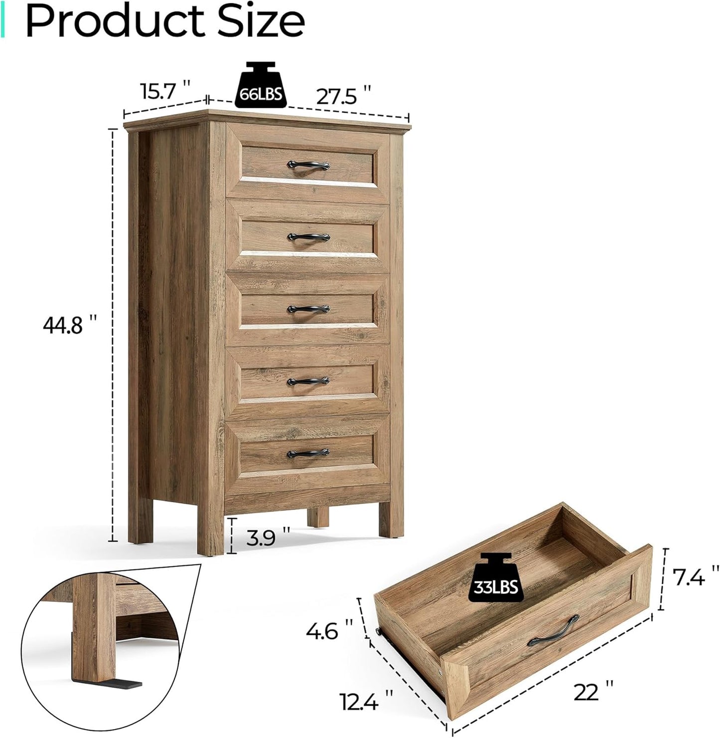 LINSY HOME 5 Drawers Dresser for Bedroom, Wood Tall Chest of Drawer with Metal Handle, Modern Farmhouse Dressers with Storage Organizer for Closet, Living Room, Hallway, Rustic Brown