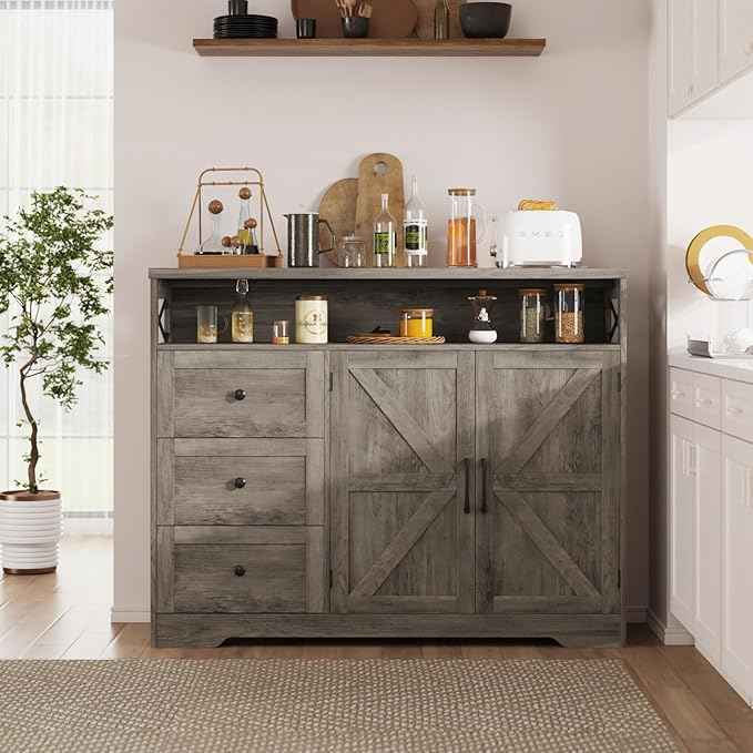 Vabches 47''W Farmhouse Sideboard Buffet Cabinet with Charging Station and 3 Drawers, Coffee Bar with Adjustable Shelf, Rustic Accent Cabinet with Storage for Kitchen, Living Dining Room, Rustic Grey