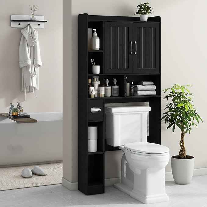 Vabches Over The Toilet Storage Cabinet, Farmhouse Storage Cabinet Over Toilet with Barn Door, Home Space-Saving Toilet Rack, for Bathroom, Restroom, Laundry（Black）.