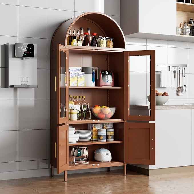 Metal Arched Bookcase Cabinet with 4 Doors,Arched Kitchen Pantry Cabinet for Home Office Living Room,Required Assembly,Brown