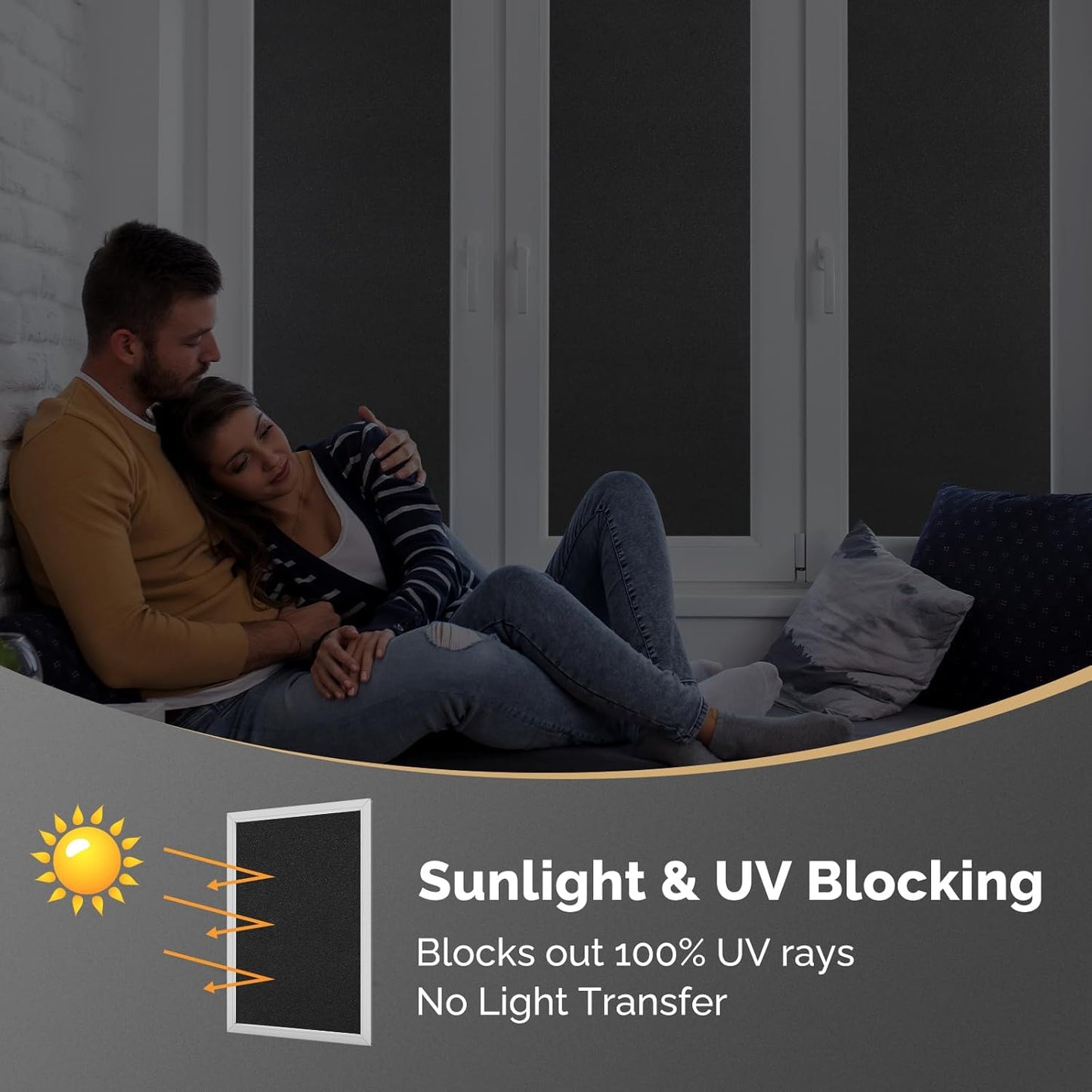 DOWELL Blackout Window Film, 100% Light Sun Blocking Static Cling Frosted Privacy Film for Glass, Heat Control Removable Window Tint, Room Darkening Cover for Day Sleep, Black, 17.5" x 118.1"