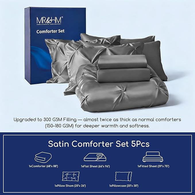 MR&HM Satin Comforter Twin 5 Pieces - Luxurious Pinch Pleat Bedding Set with Comforter, Flat Sheet, Fitted Sheet, Pillowcase & Sham, Super Silky Soft Bed Set for All Season (Twin, Dark Grey)