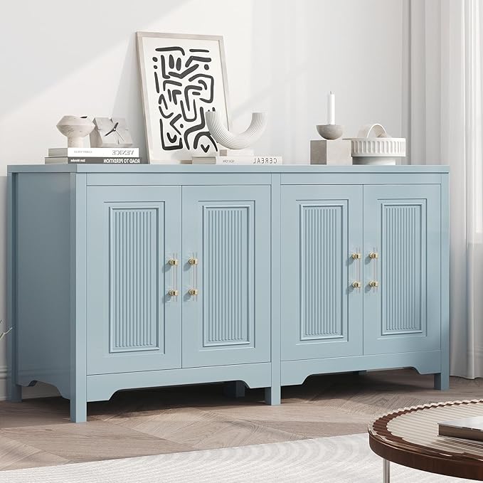 Buffet Cabinet with Storage, 55" Blue Kitchen Storage Cabinet with Shelves, Modern Farmhouse Coffee Bar Station for Dining Room, Kitchen Buffet, Slate Blue
