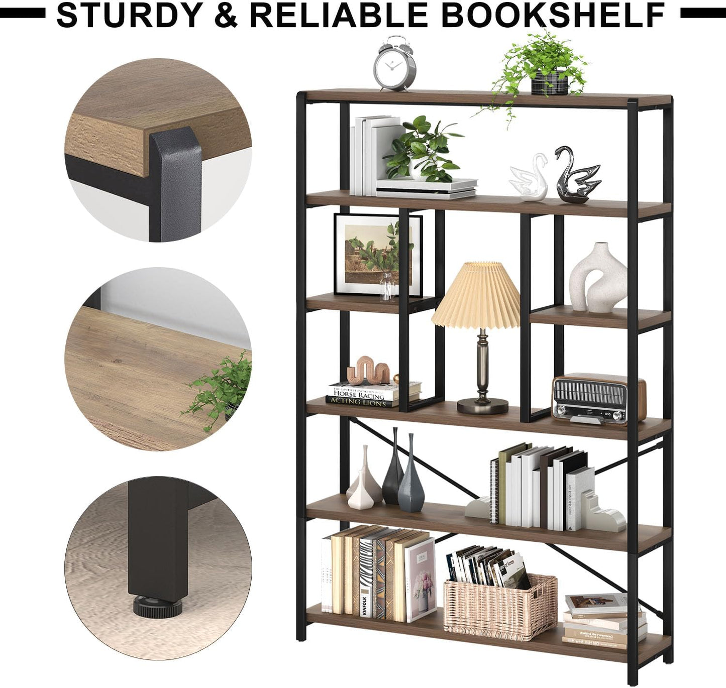 LVB Tall Industrial Etagere Bookcase, Modern Wood Large Open 6 Tier Bookshelf, Vintage Wide Metal Book Shelf Organizer, Farmhouse Book Shelves for Bedroom Living Room Home Office Storage, Rustic Oak