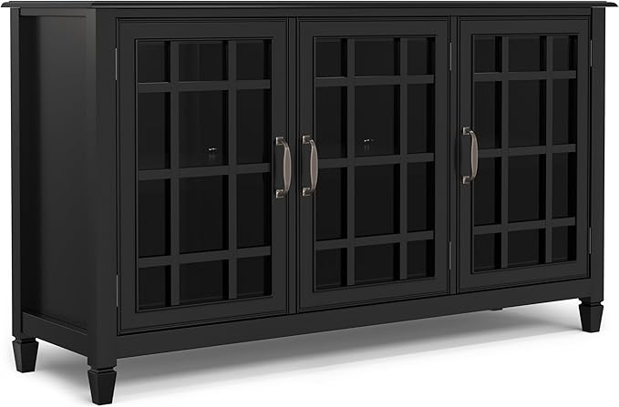 SIMPLIHOME Connaught Storage Cabinet - 60 inch Wide Solid Wood Buffet in Black, Traditional Sideboard for Dining Room, Entryway, or Living Room with Glass Doors, Adjustable Shelves, and Notched Legs