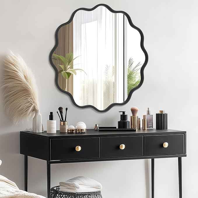 PROHOMEWARE Black Round Mirror 32 Inch Wavy Bathroom Vanity Mirror Black Frame Modern Wall Mirror Decorative Wall-Mounte Anti-Rust, Tempered Glass