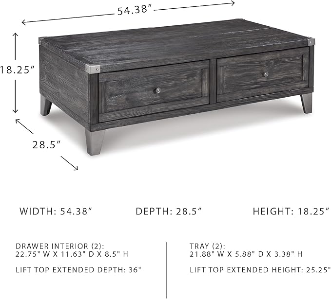 Signature Design by Ashley Todoe Industrial Spring-Lift Top Coffee Table, 2 Storage Drawers, Metal Legs, Wood, 54.38" W x 28.5" D x 18.25" H, Dark Gray & Weathered Pine Finish