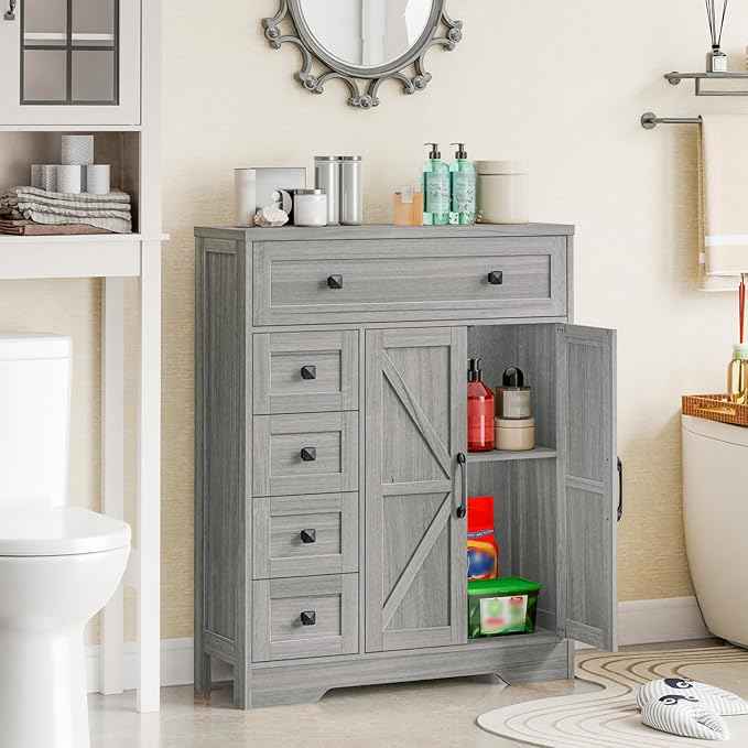 Vabches Farmhouse Storage Cabinet with 2 Doors and 5 Drawers, Freestanding Bathroom Cabinets Kitchen Pantry, Floor Storage Cabinet Hutch Cupboard for Living Room/Bathroom/Kitchen.Wash Grey