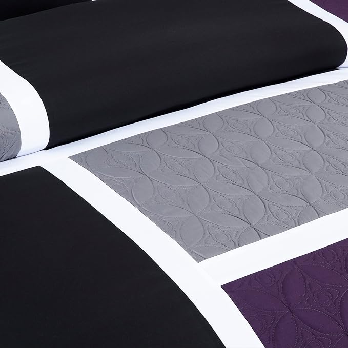 Chezmoi Collection Upland 7-Piece Quilted Patchwork Comforter Set, Purple/Black/Gray, Full