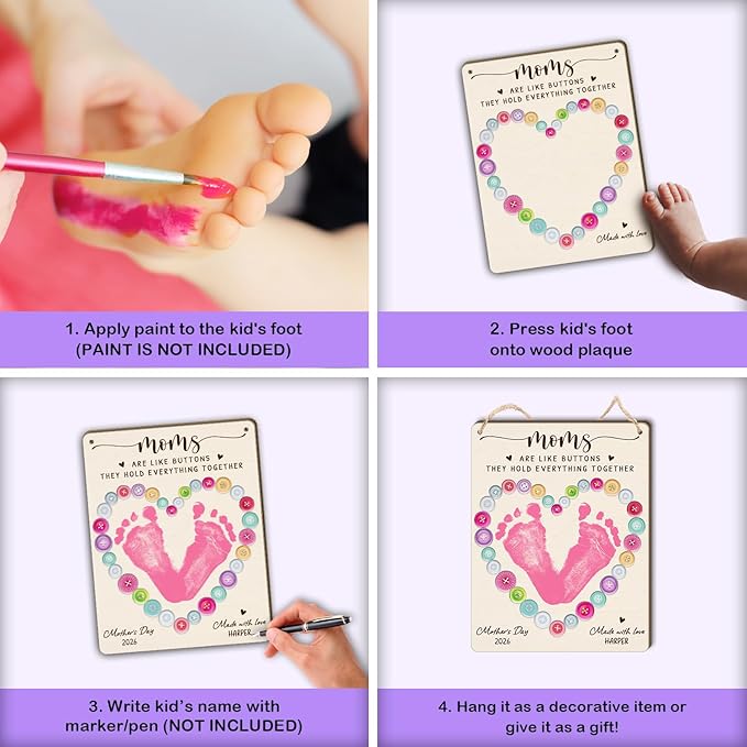 DIY Mothers Day Footprint Craft Button Heart Hanging Sign for Mom Sewing, Baby First Mothers Day Keepsake Gifts for 1st New Mom Crafts, Moms are Like Buttons Footprint Birthday Gift for Seamstress Mom