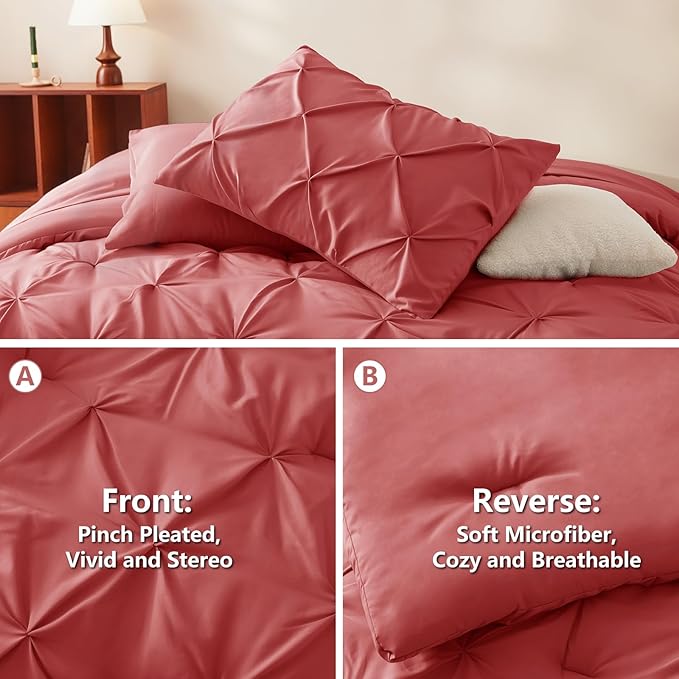 CozyLux King Size Comforter Set Coral, 7 Pieces Pintuck Bed in A Bag Coral Comforter King Size, Pinch Pleat Bedding Set with All Season Comforter, Flat Sheet, Fitted Sheet, Pillowcases & Shams