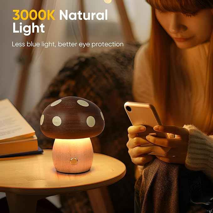 2Pack Wood Small Mushroom Table Lamp, LED Rechargeable Cordless Touch Bedside Lamps, Wireless Stepless Dimming Night Light, Portable Battery Lamp for Bedroom Nightstand for Birthday Gifts
