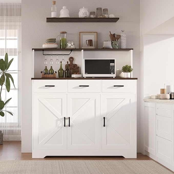 GarveeHome Farmhouse Sideboard Buffet Cabinet with Microwave Stand, Barn Doors Buffet Storage Cabinet with Drawers and Shelves, Wood Coffee Bar Pantry for Kitchen, Dining Room, Living Room, White