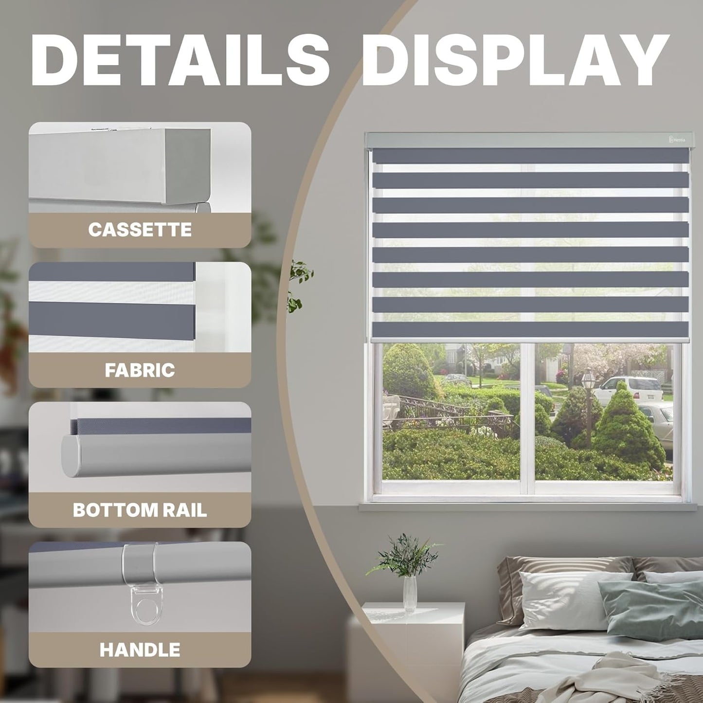 HESTIA Cordless Zebra Blinds Light Filtering Roller Shades UV Blocking Blackout Privacy Indoor Window Blind for Home Office Day and Night, Blue Grey,45" W x 54" H
