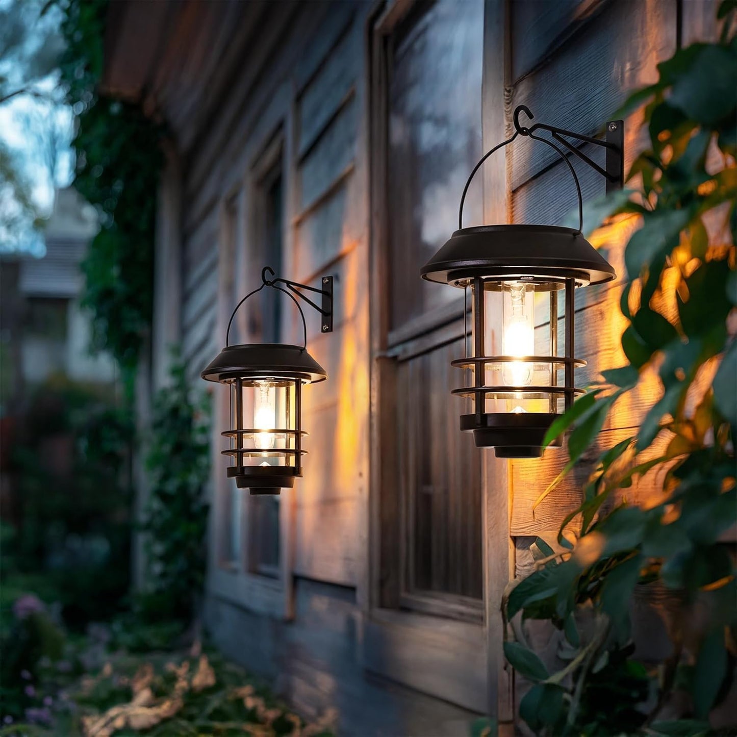 Otdair Solar Lanterns Outdoor Waterproof 2 Pack, Auto On/Off Hanging Solar Lights for Outside with Wall Mount, Glass Outdoor Lighting Outdoor Decorative for Wall, Front Porch, Yard, Garden, Fence