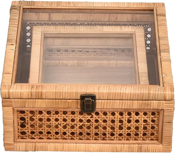 Rattan and Cane Square Stacking Boxes with Glass Top Lid - Set of 2 for Boho, and Rustic Farmhouse Decor