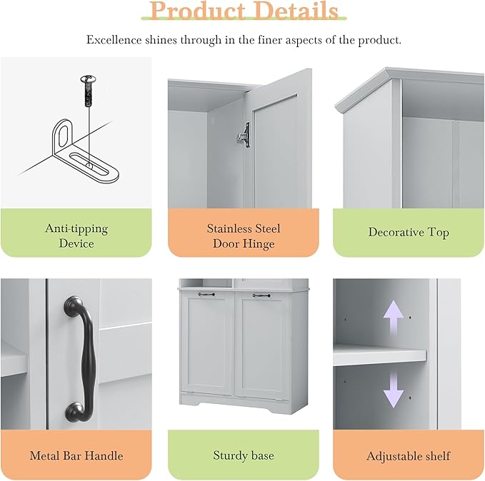68" Tall Bathroom Storage Cabinet with Two Doors and Two Laundry Hampers for Home Display Organizer, Adjustable Shelf, Gray