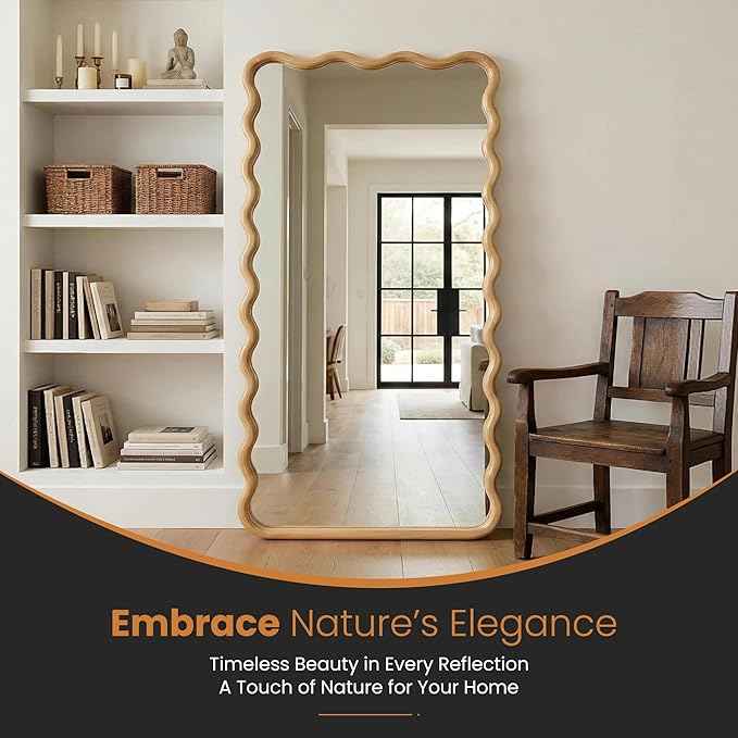 Wavy Mirror for Wall, 55"x28" Boho Wavy Wood Mirror Large Full Length Decorative Mirror with Tempered Glass, Natural Wooden Frame Vanity Mirror for Bedroom, Living Room, Entryway