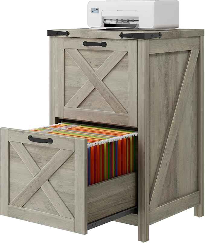 Vabches Vertical File Cabinet with 2 Drawers, Wooden Farmhouse Filing Cabinet for Letter/A4 Size Hanging Files, Under Desk Printer Stand with Storage for Home Office, Grey