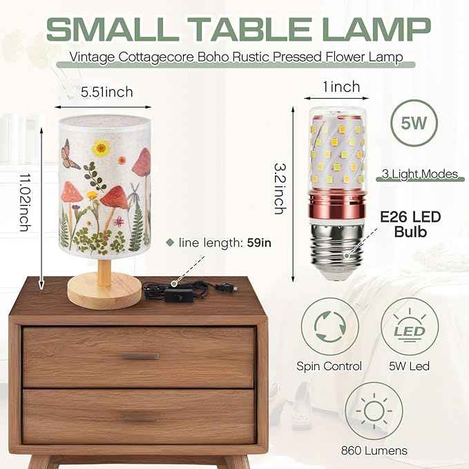 Hortsun Pressed Flower Lamp Vintage Table Small Lamp Cottagecore Decor Boho Night Light Decorative Rustic Night Light for Living Room, Bedroom or Office, Christmas Gift for Women