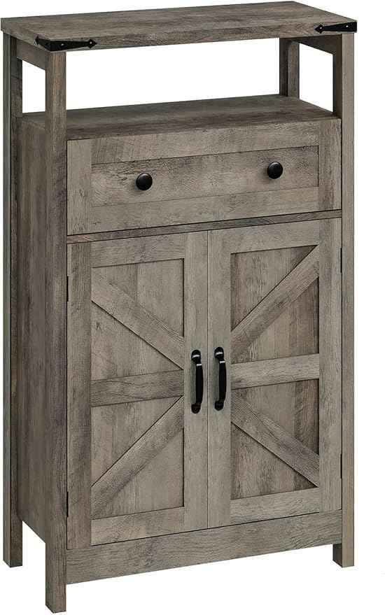 Vabches Farmhouse Storage Cabinet with 2 Doors and 1 Dawer - Side Storage Organizer, Small Bathroom Cabinet for Bathroom, Kitchen, Living Room, Rustic Style, Grey