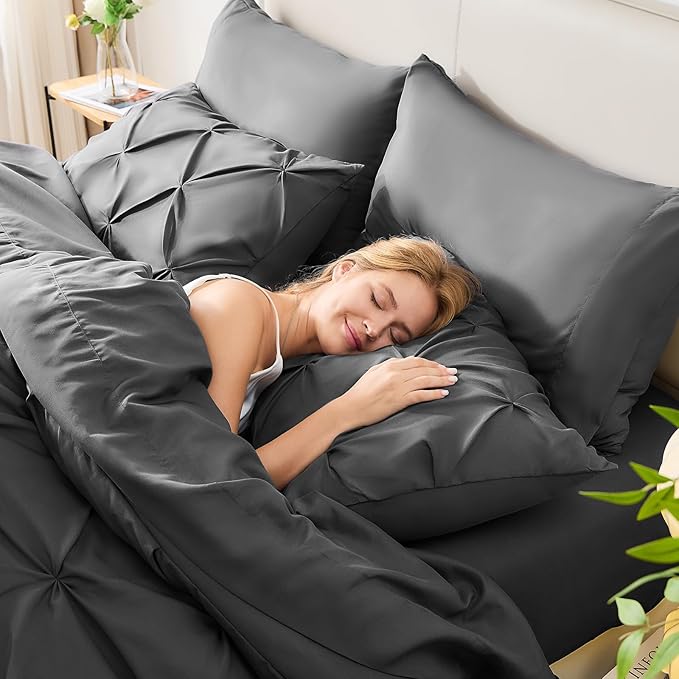 CozyLux Twin XL Comforter Set Dark Grey, 5 Pieces Twin Extra Long Pintuck Bed in A Bag for College Dorm, Pinch Pleat Bedding Set with Comforter, Sheets, Pillowcase & Sham