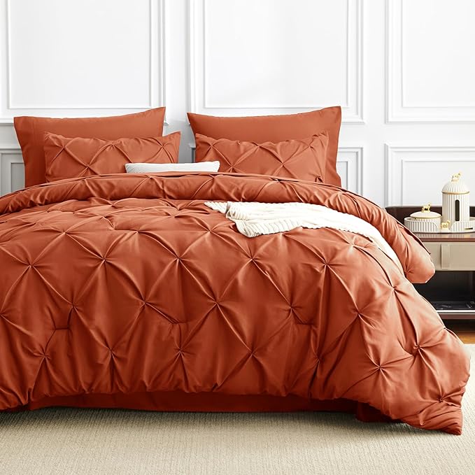 CozyLux Queen Comforter Set Burnt Orange, 7 Pieces Pintuck Bed in A Bag Premium Terracotta Comforter Queen Size, Pinch Pleat Bedding Sets with Comforter, Sheets, Pillowcases & Shams