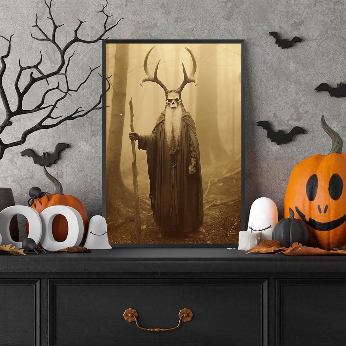 Skeleton Halloween Decor Occult Druid of the Forest Poster Canvas Wall Art Vintage Spooky Print Gothic Room Decor Dark Academia Decorations Bedroom Creepy Skull Picture 16X24inch Aluminum Framed