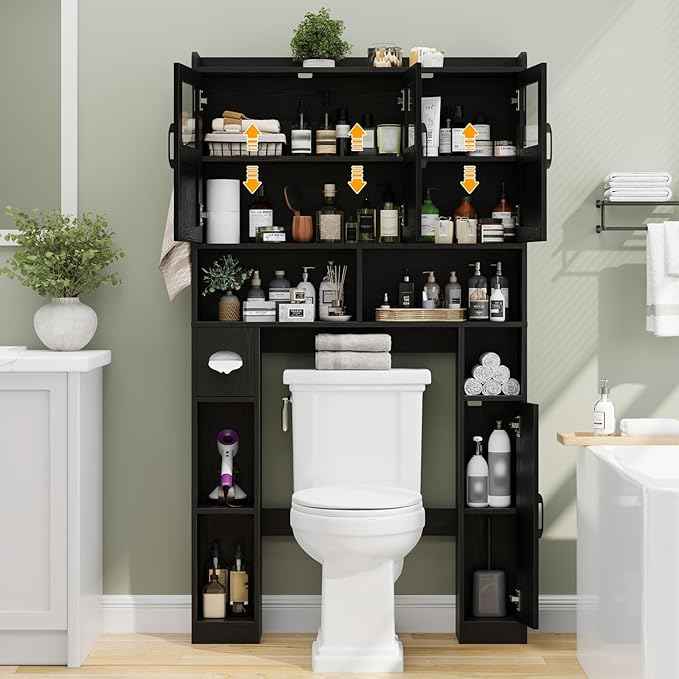 Over The Toilet Cabinet,Farmhouse Toilet Cabinet Rack with 3 Acrylic Doors and Adjustable Storage Shelf,Space Saving Bathroom Organizer with Toilet Paper Holder Stand for Restroom, Laundry，Black