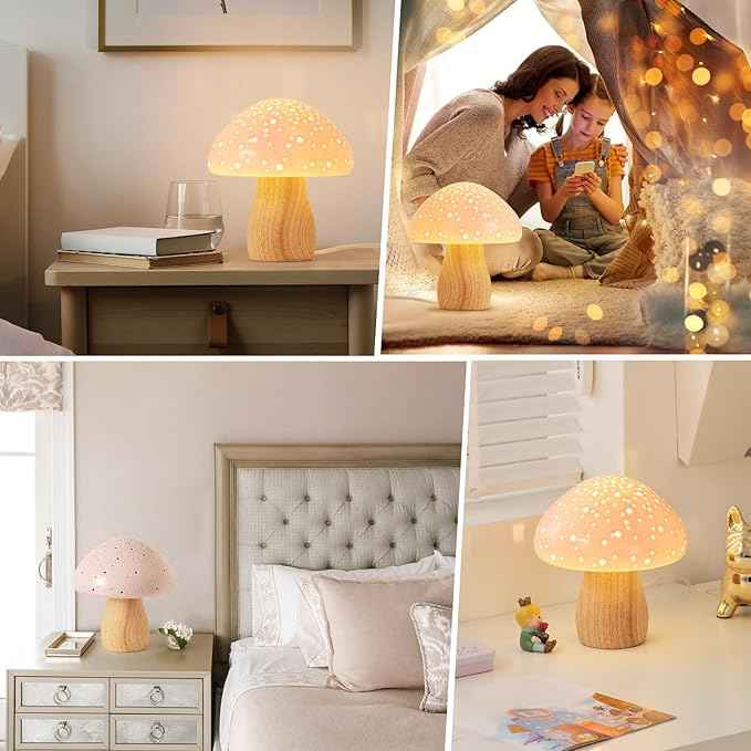 BOHON Mushroom Lamp, Ceramic Bedside Table Lamp for Bedroom Nightstand, Vintage Cute Night Light, Small Lamp for Living Room Kids Desk Home Decor Girls Mother's Day Gifts, LED Bulb Included, Pink