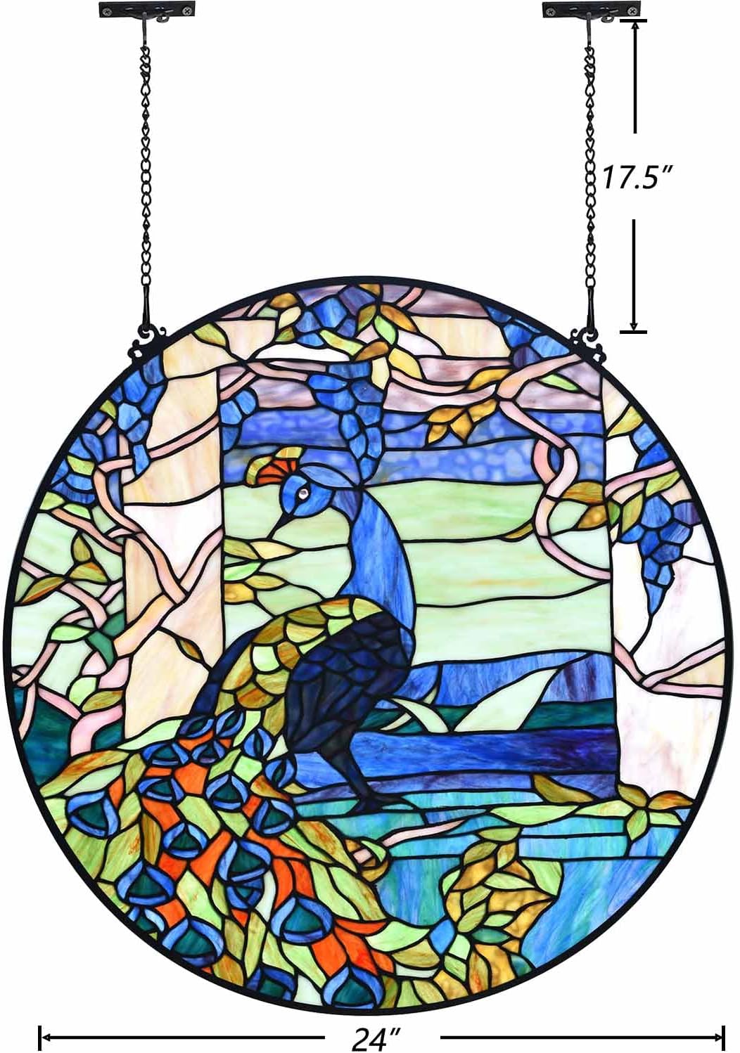 Bieye W10094 Peacock in Garden Tiffany Style Stained Glass Window Panel for Home Decor (Blue, 24" Round)