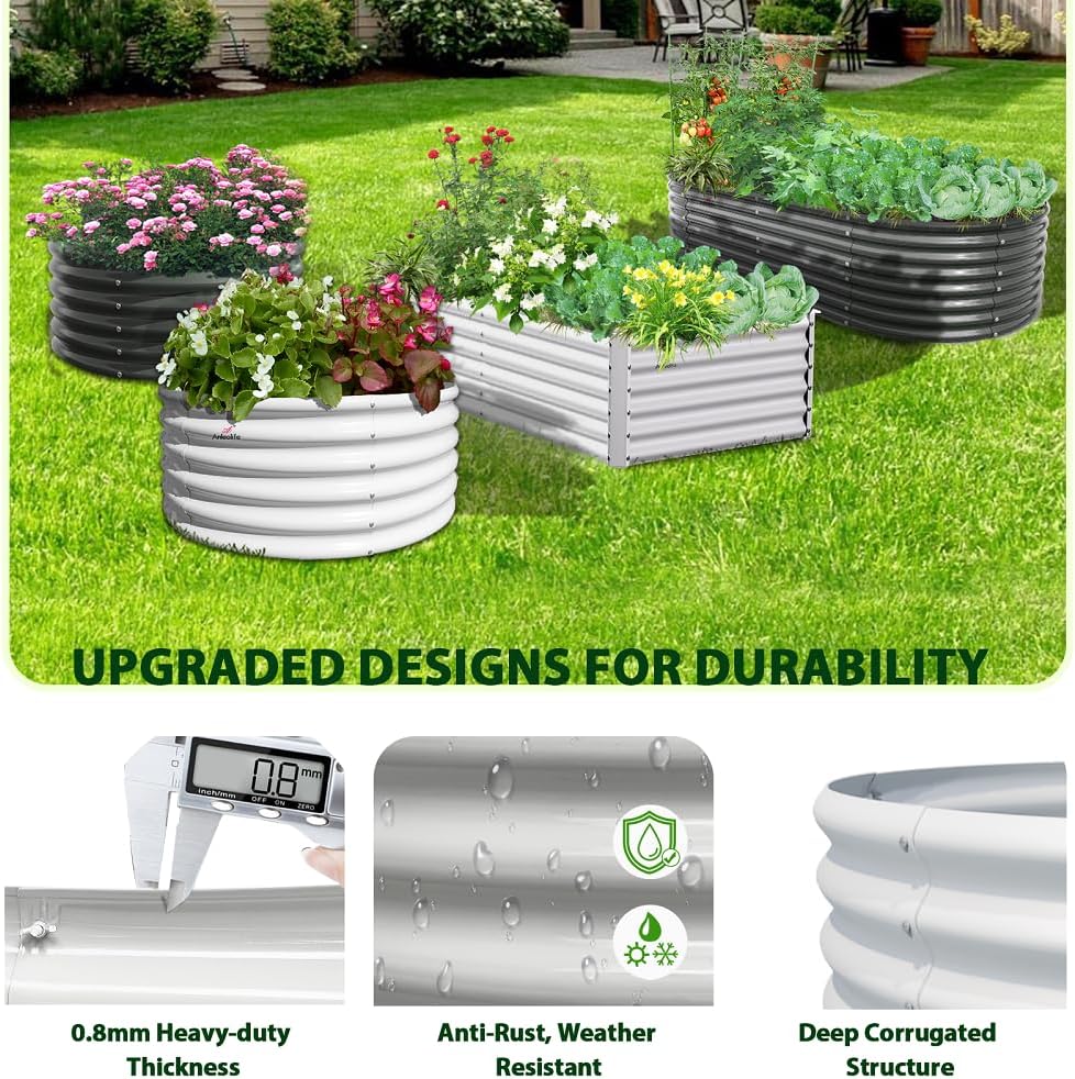 A ANLEOLIFE 6X3X2 ft Galvanized Raised Garden Beds Outdoor-4 Pack, Oval Large Metal Deep Root Planter Box for Planting Vegetables Flowers Herb, Anti-Rust & Easy-Setup, Antique White