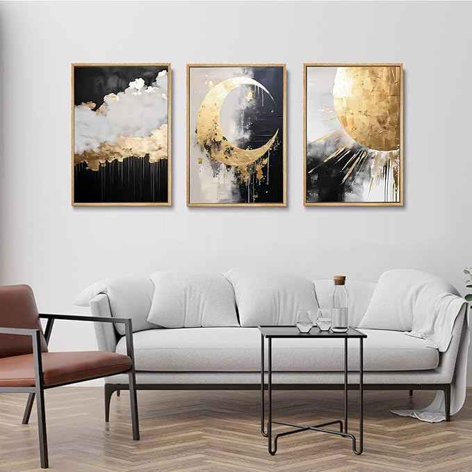3Pcs Black and Gold Abstract Canvas Wall Art Sun Moon And Cloud Posters Prints Maximalist Pictures Wall Decor For Living Room, Bedroom,bathroom Decoration Unframed