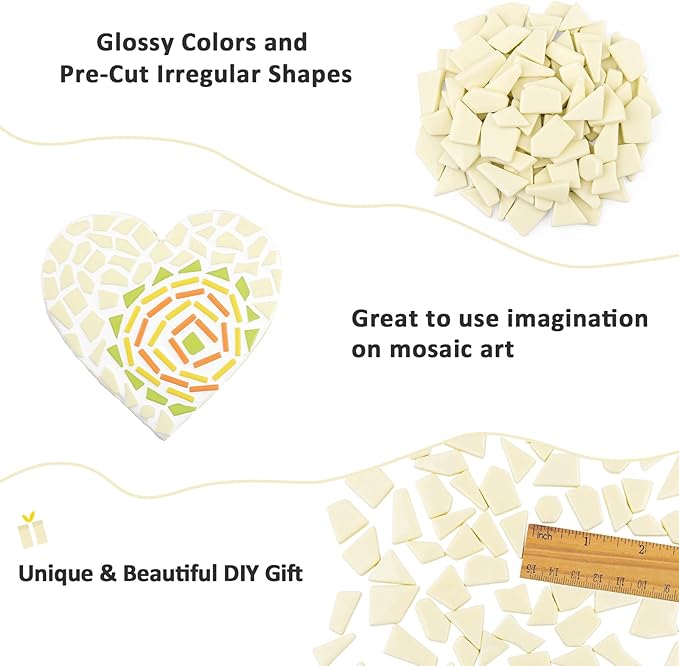 Youway Style Glass Mosaic Tiles for Crafts Bulk,200g Cream Broken Glass Pieces for DIY Spring Mosaic Art Decor,Garden Mosaic Supplies