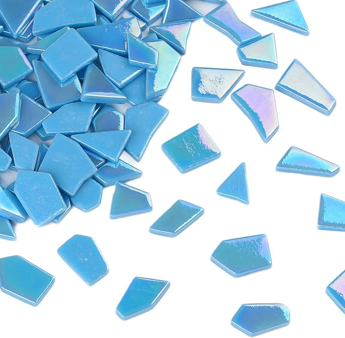 Youway Style Iridescent Glass Mosaic Tiles for Crafts Bulk,200g Blue Broken Mosaic Glass Pieces for Garden Crafts Kits,DIY Mosaic Art Decor