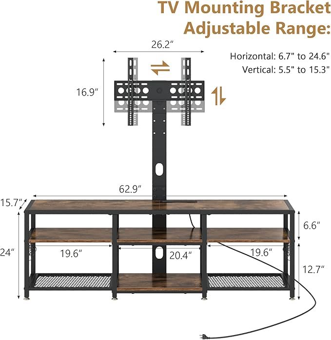 VECELO TV Stand with Mount and Power Outlets, Entertainment Center for 55/60/65/70/75 inch TVs, Height Adjustable Media Console with Storage Shelves, for Living Room, Bedroom, Rustic Brown