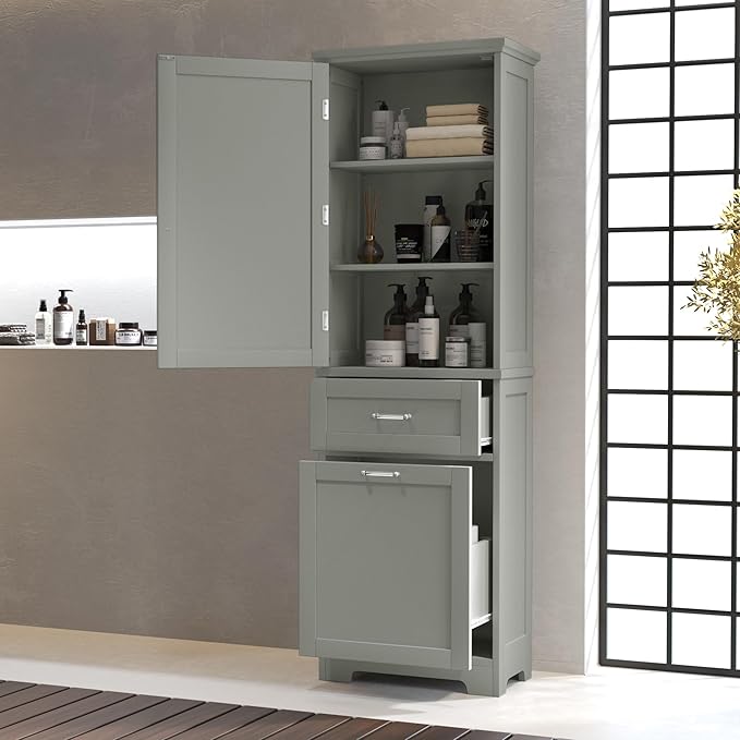 Bathroom Cabinet with Drawers and Doors, Tall Storage Display Organizer, Kitchen Pantry, Grey