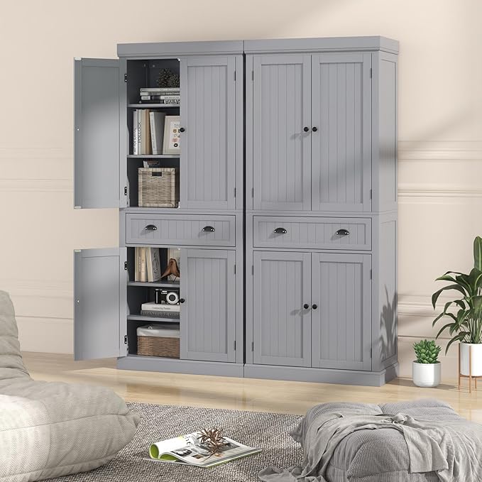 Nightcore Kitchen Pantry Cupboard, 6ft Wood Cupboard w/ 4 Adjustable Shelves, 2 Wood Pantries, & 1 Drawer, Utility Storage Cabinet for Kitchen, Hallway, Living Room, Bathroom (Grey)