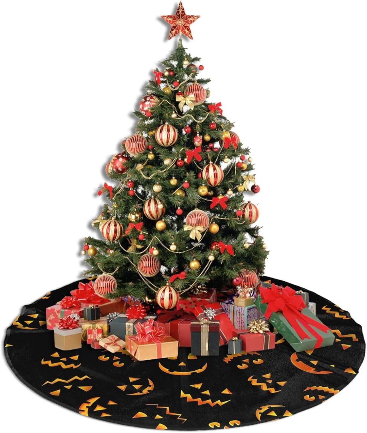 Christmas Tree Skirt,Jack O Lantern Pumpkin Smiles Xmas Tree Skirt Rustic Farmhouse Tree Skirt for Christmas Decor Xmas Holiday Home Party Decorations36