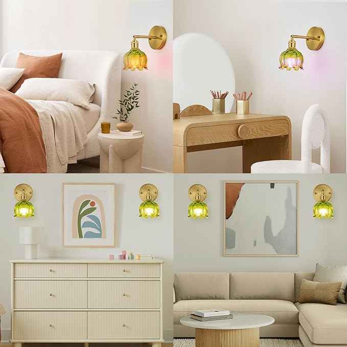 PASSICA DECOR Vintage Battery Operated Wall Sconces Set of 2 - Wireless Remote Control LED Wall Lights, Rechargeable USB-C, Dimmable 15 Colors, No Wiring, Green Glass Shade for Bedroom Kitchen Cafe
