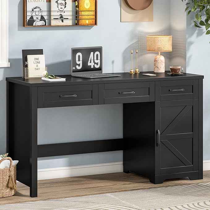 Vabches Farmhouse 55" Executive Desk,Computer Desk with 3 Drawers and Storage Cabinet,Home Office Desk for Work and Study. Pure Black